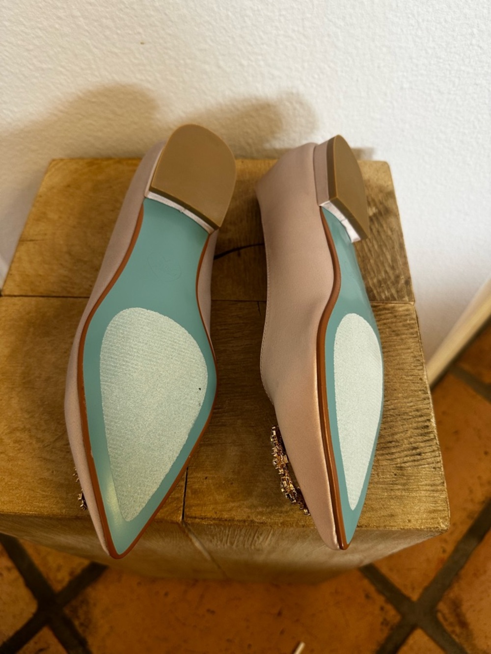 Betsey Johnson Nude Satin Pointed Flats with Crystal Buckle - Picture 4 of 6